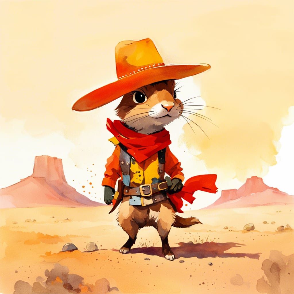 Chibi Cowboy Hare in Mojave Desert Sunset