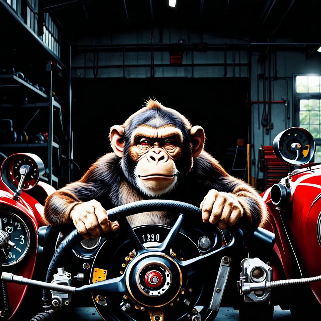Grumpy Monkey Mechanic in Garage Cartoon