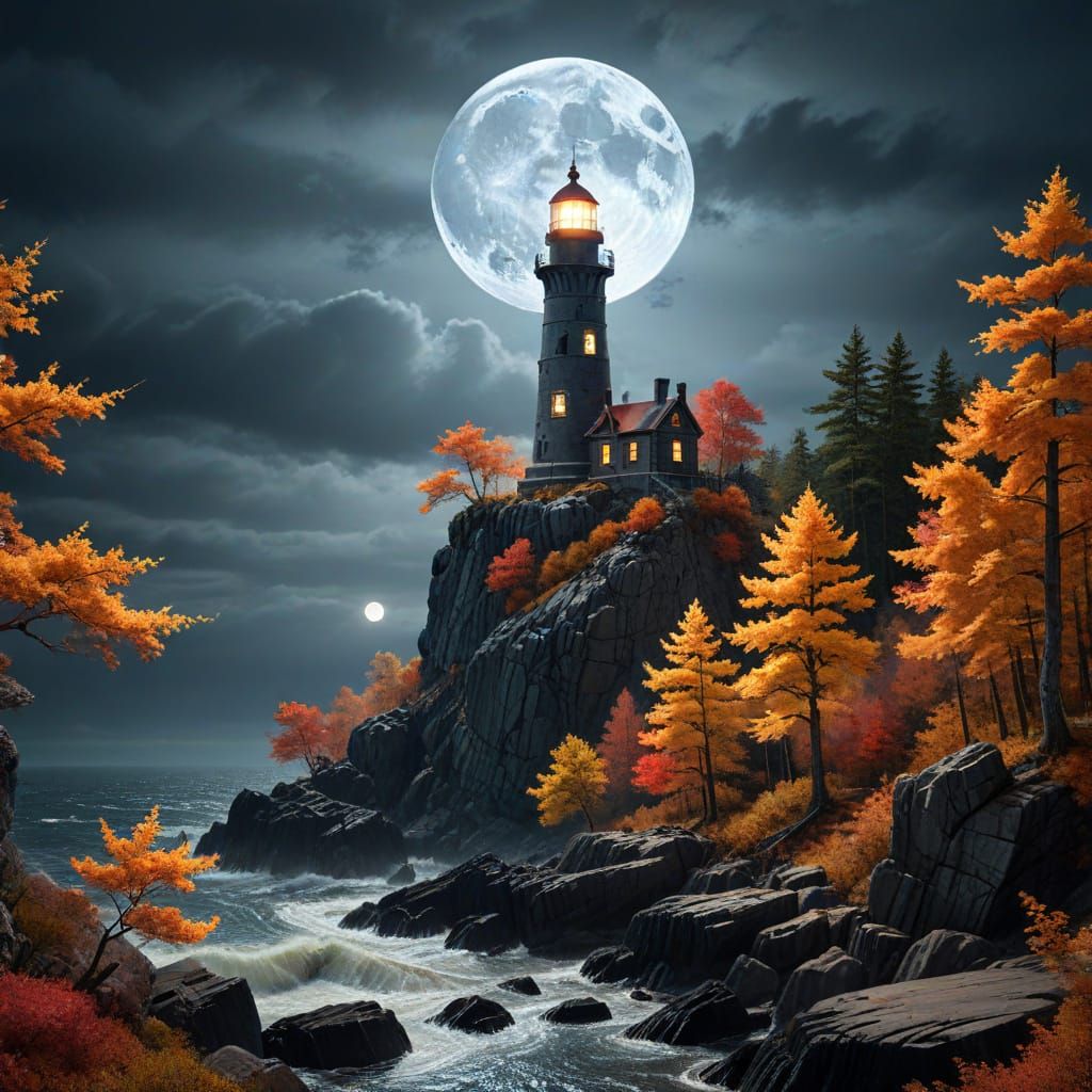 Surreal Fantasy Lighthouse Under Autumn Moon