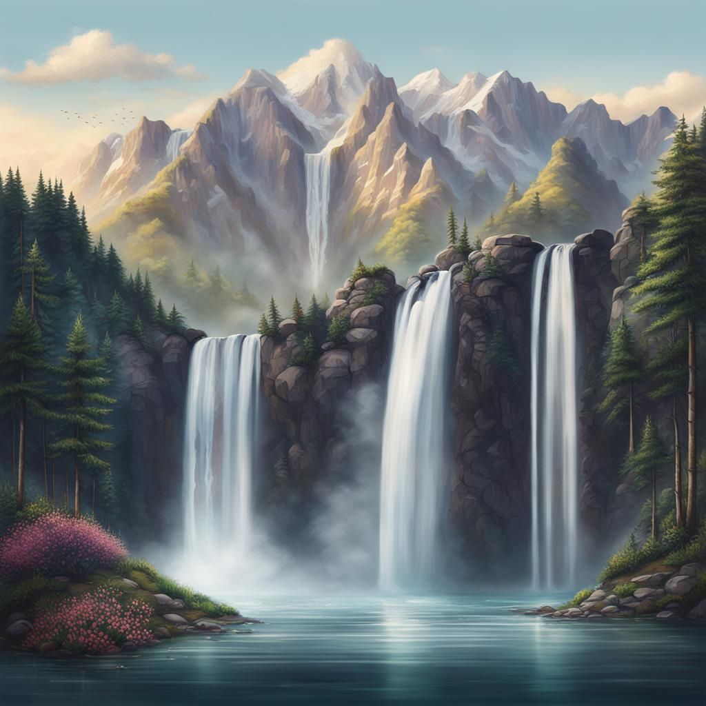 Scenic Waterfall Flowing Through Mountains
