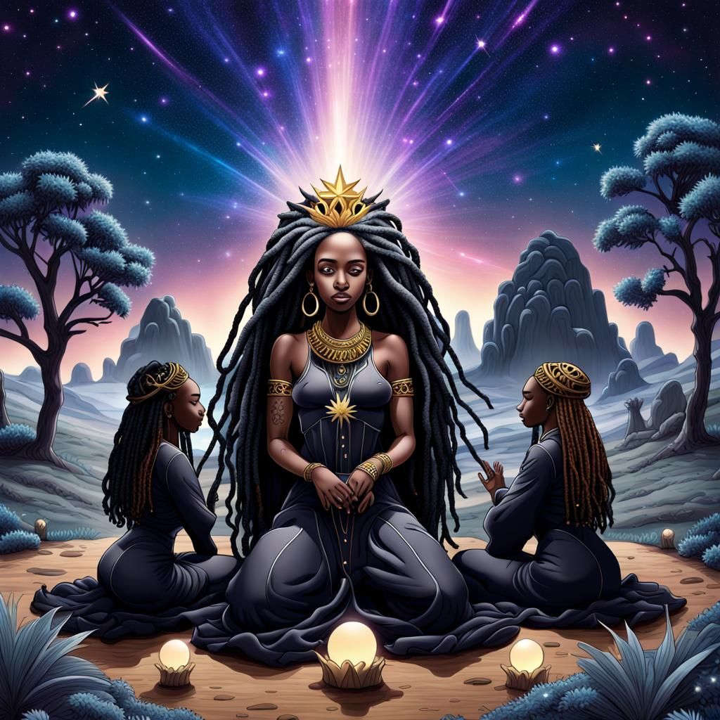 Black Queens in Plush Landscape, Holographic Illustration