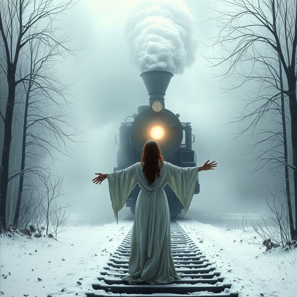 Ghostly Steam Train in Haunting Surrealist Style