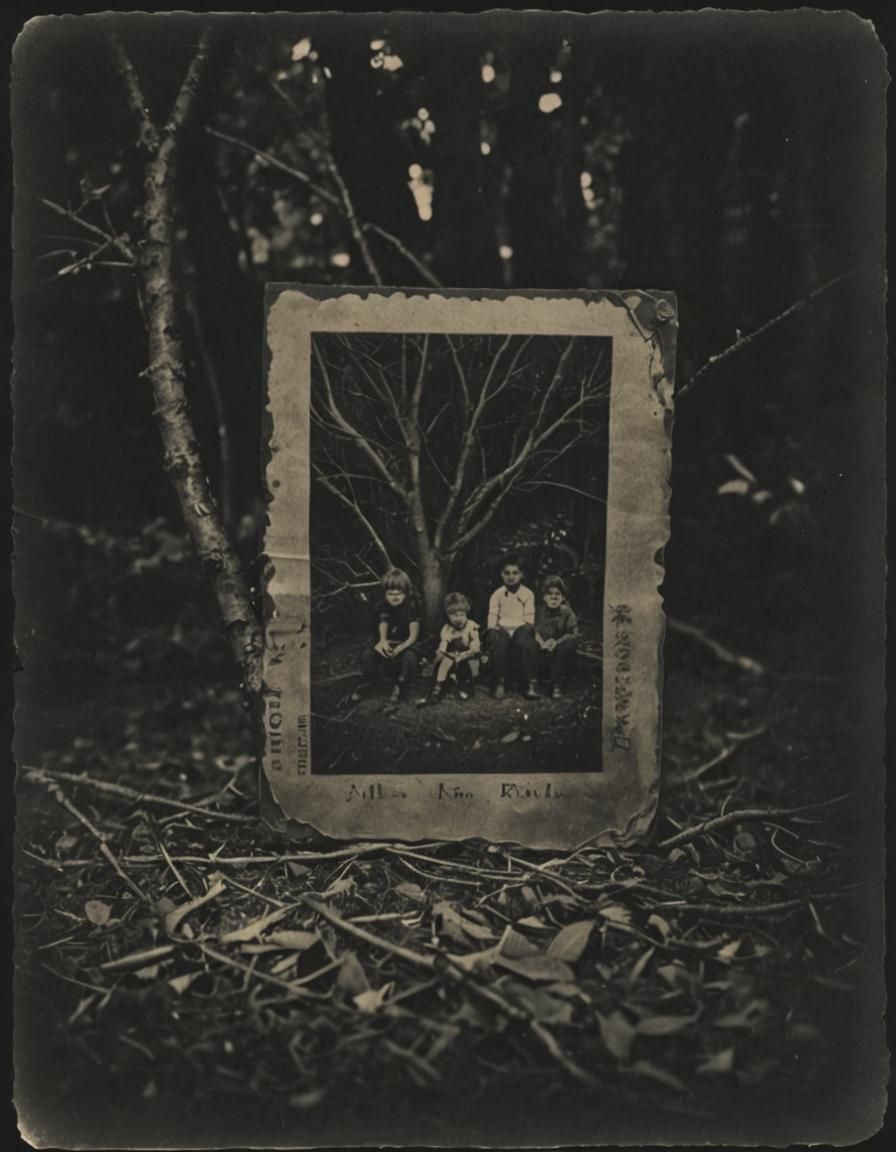Enigmatic Forest Scene with Children and Lost Objects