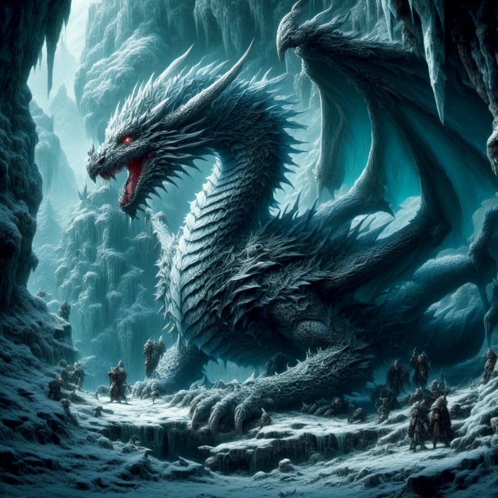 Giant Ice Dragon Freezes Adventurers: Dark Fantasy Art