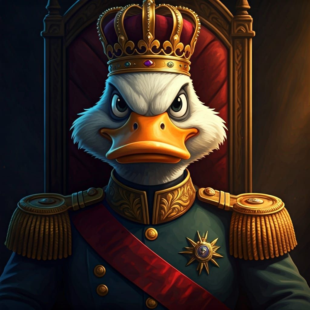 Duck King on Throne in Cartoonish Style