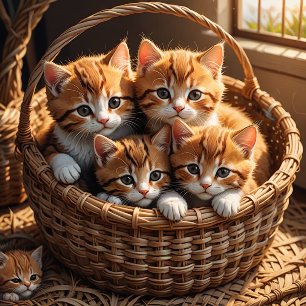 Adorable Kittens Sleeping in Wicker Basket