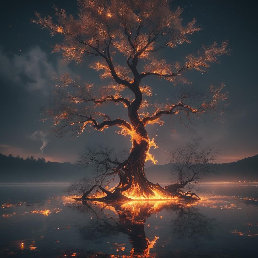 Luminescent Flaming Tree by Mythical Lake