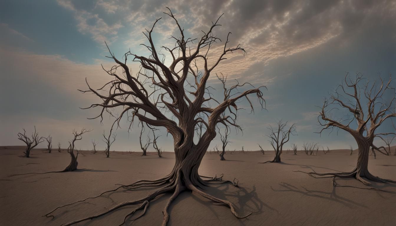 Surreal Barren Landscape with Dead Spider Trees