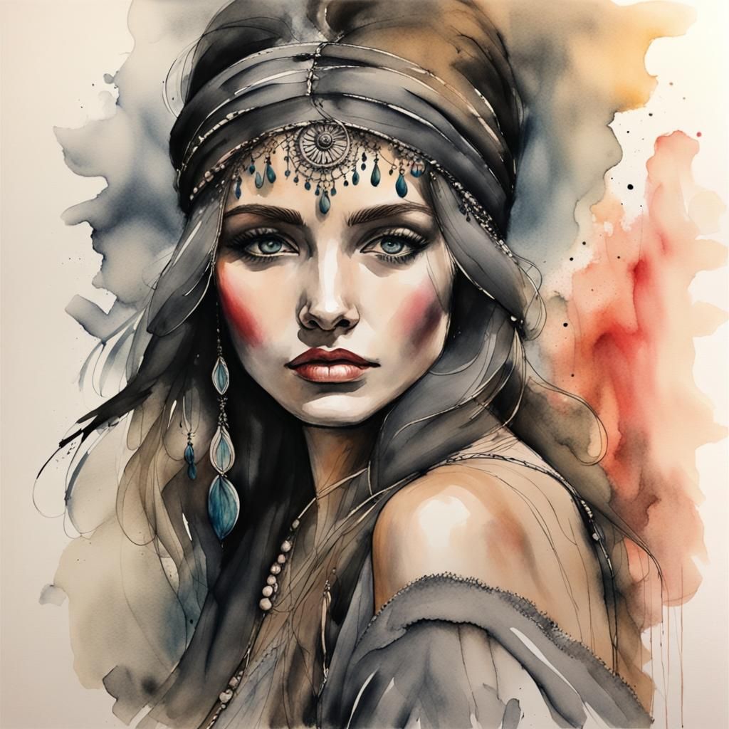 Boho Woman in Charcoal and Watercolor Fusion