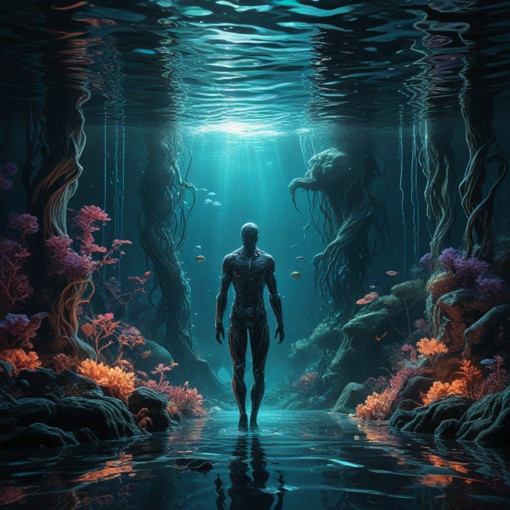 Dreamlike Water Forms in a Futuristic Underwater Scene