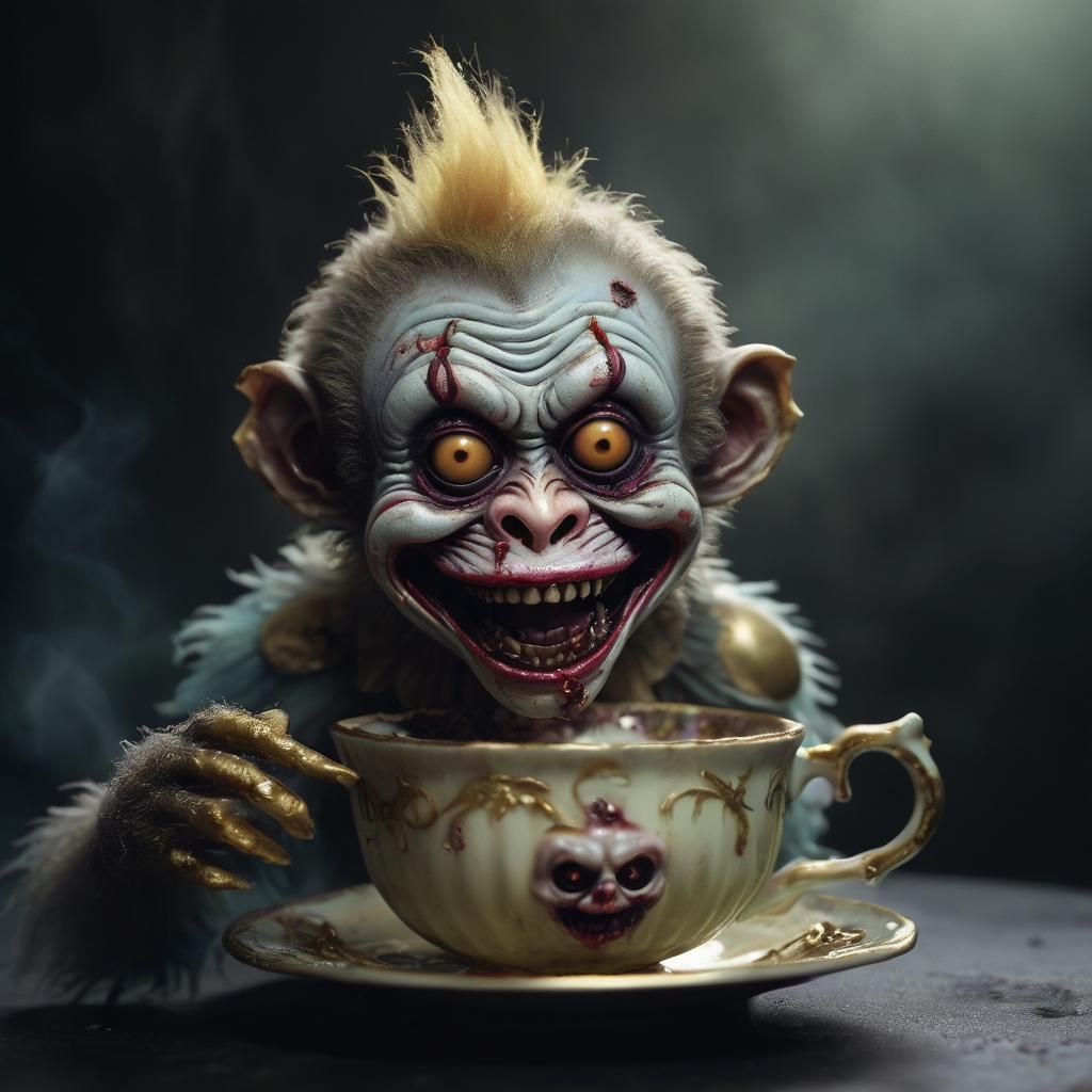 Surreal Zombie Monkey Clown in Teacup: Horror Art