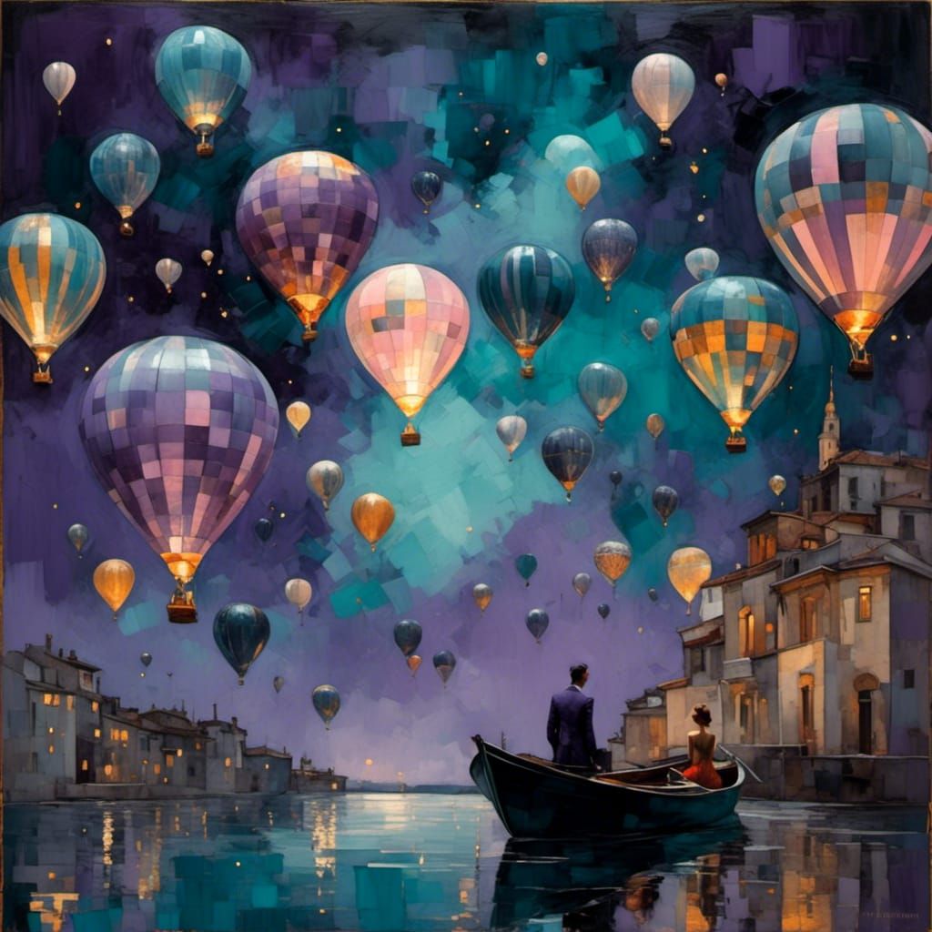 Hot Air Balloons in Night Sky: Digital Watercolor