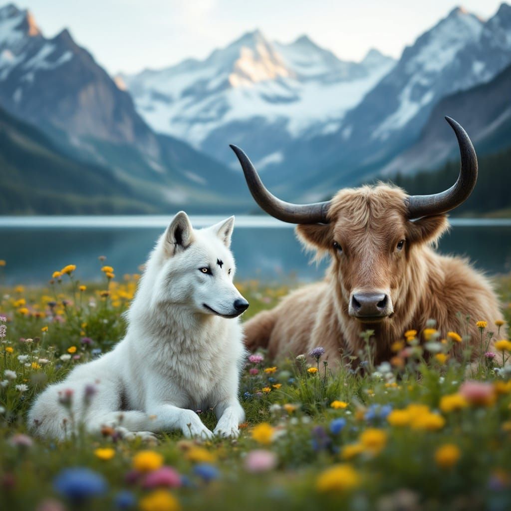 Serene White Wolf and Majestic Longhorn in a Lush Meadow