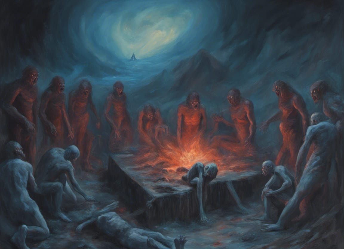 Demonic Spectres Consume Corpses in Oil Painting