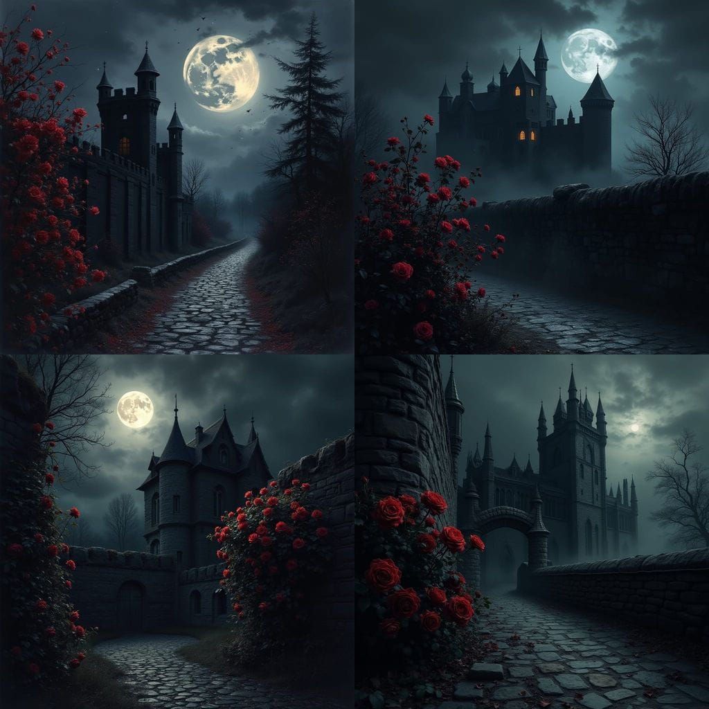 Gothic Castle at Night with Crimson Rose Bush