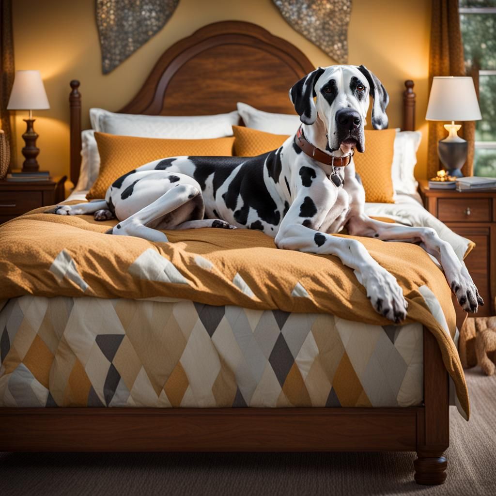 Harlequin Great Dane Dominates King Bed