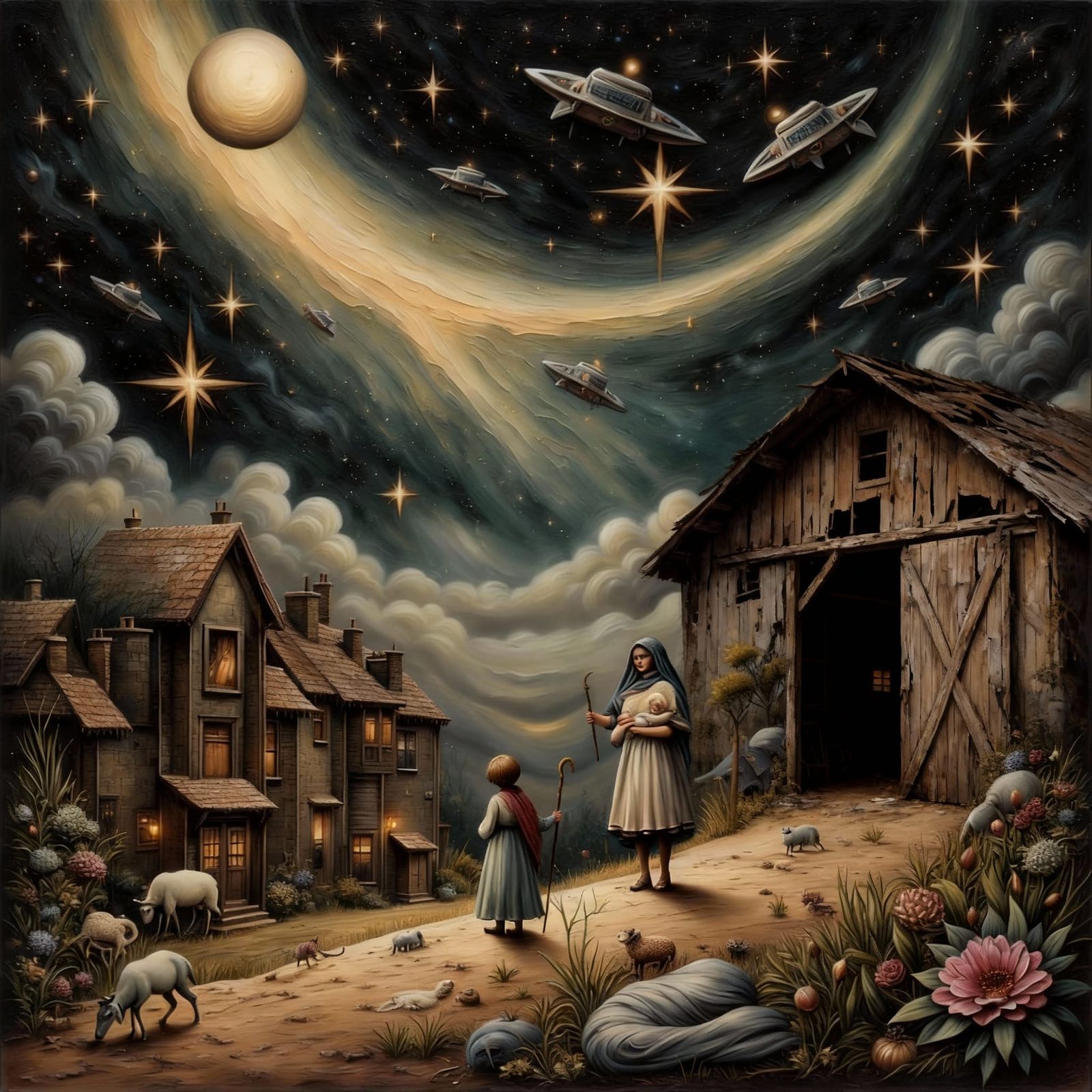 Steampunk Nativity Scene with Spacemen in Watercolor