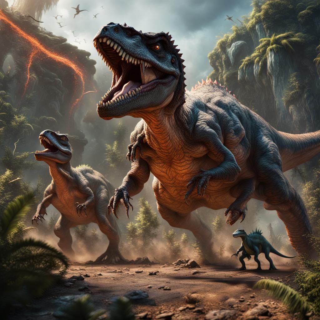 Epic Dinosaur Battle in Detailed Matte Painting