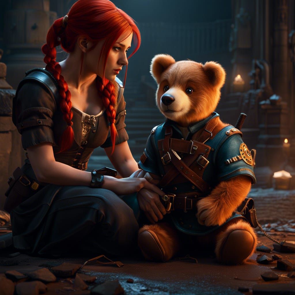Redhead Woman Kidnapping Teddy Bear: Matte Painting