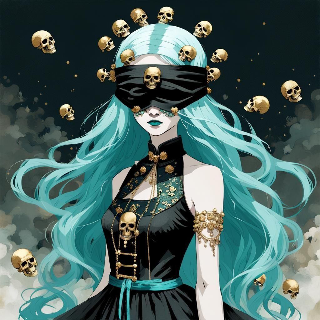 Mysterious Blindfolded Woman with Turquoise Hair