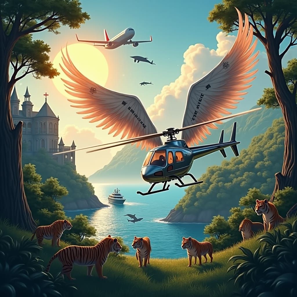 Mansion and Winged Helicopter in Anime Art Style