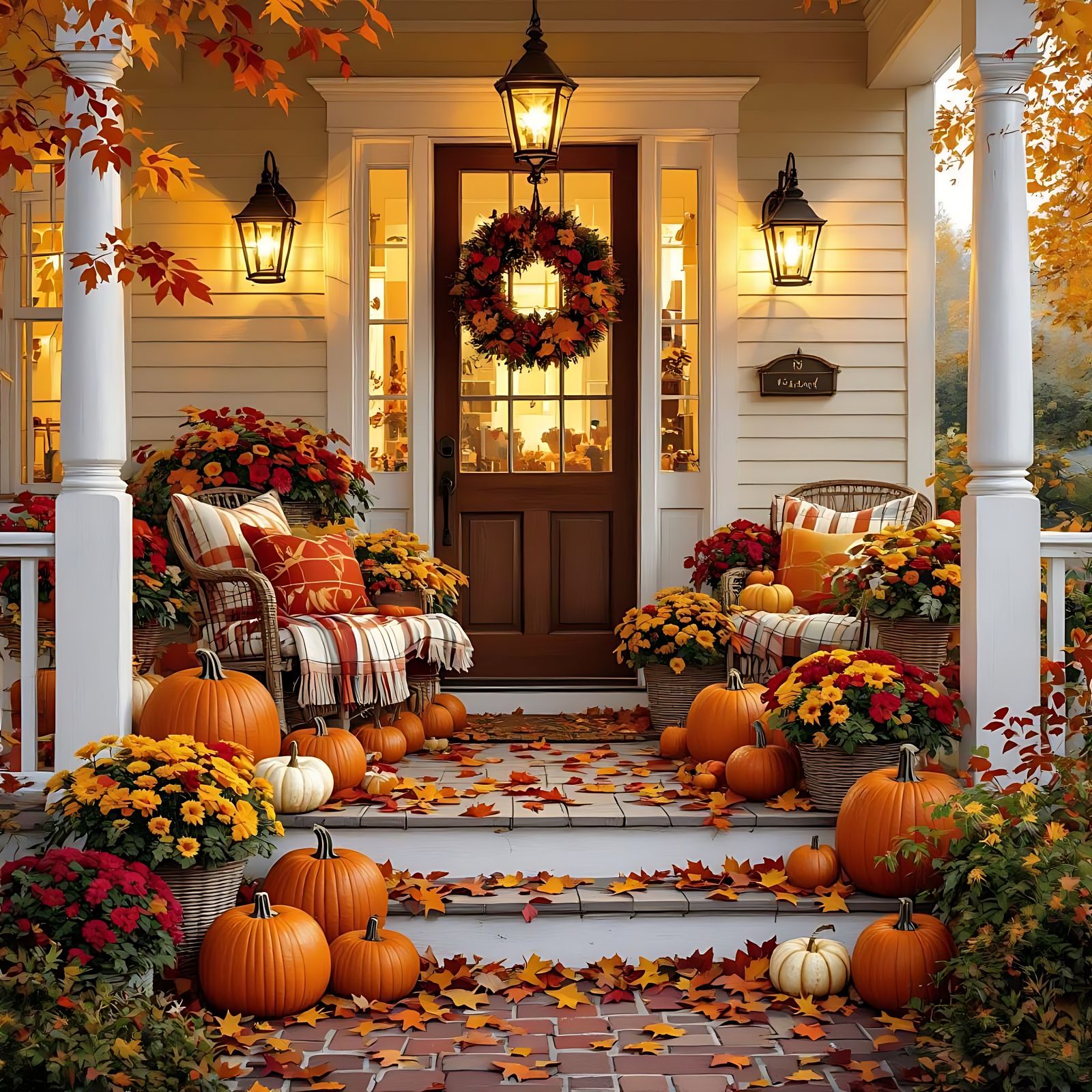 Festive Front Porch Display with Autumn Colors