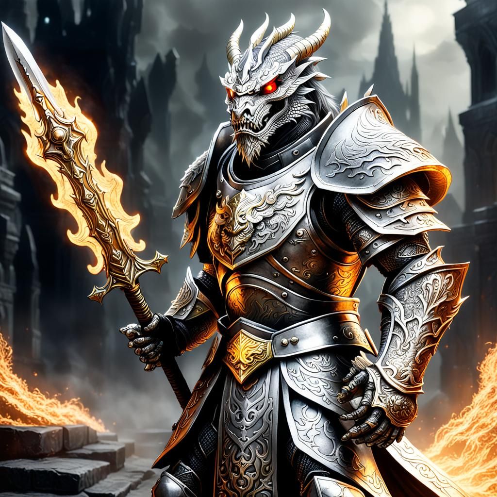 Silver Dragonborn Warrior with Flaming Sword