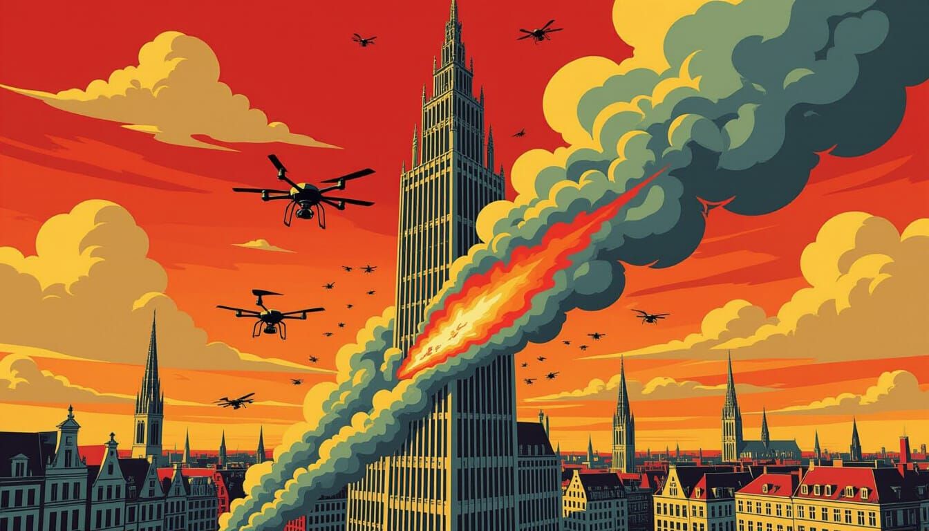 Drones Explode Over Brussels Skyscraper in Surrealist Style