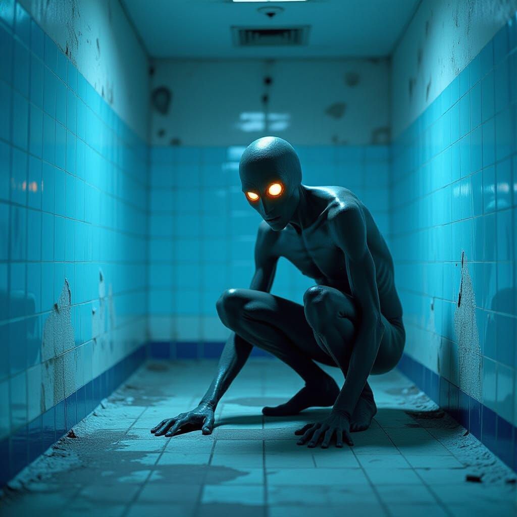 Eerie Cryptid in Abandoned Pool: Analog Horror Scene