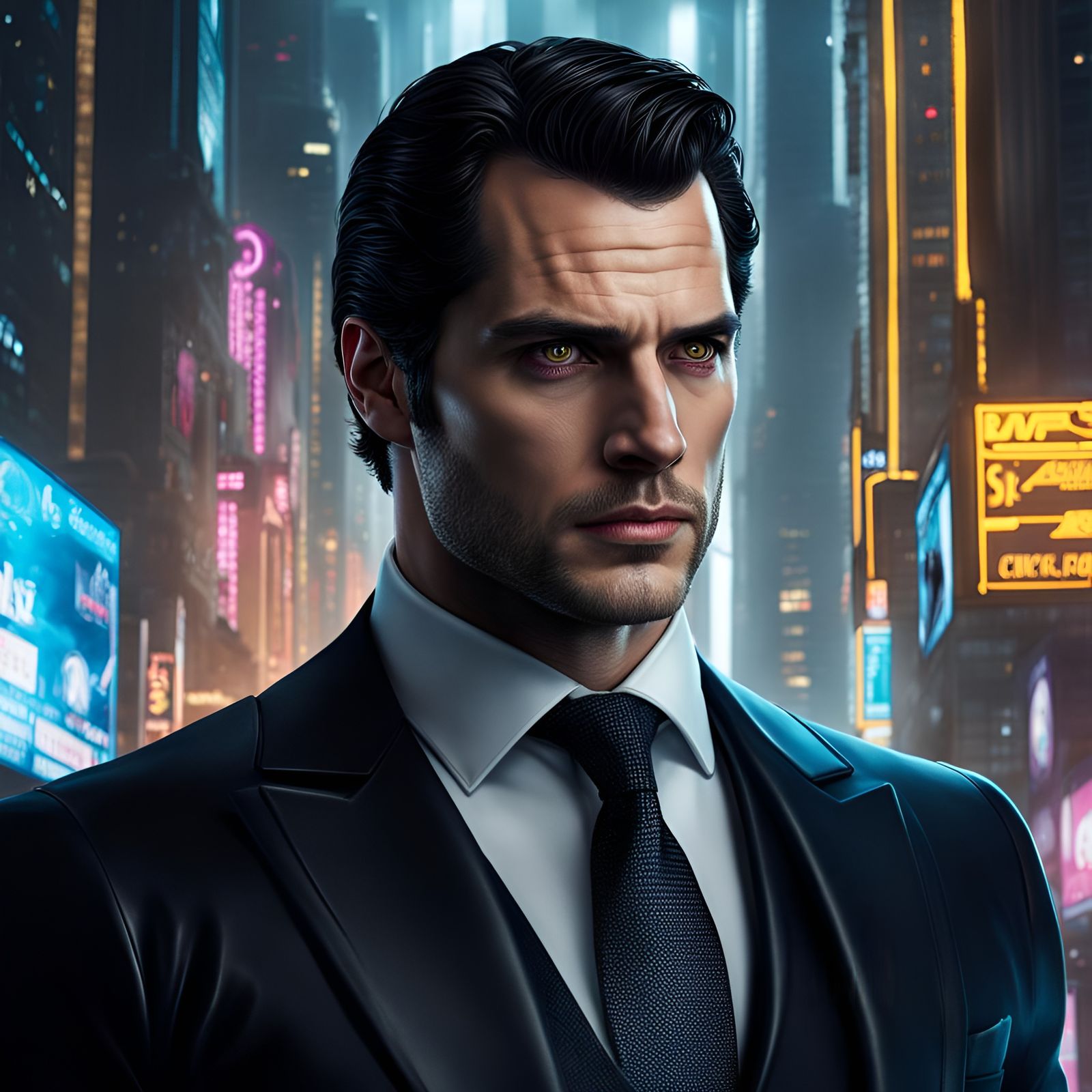 Cyberpunk CEO Portrait with Golden Eyes