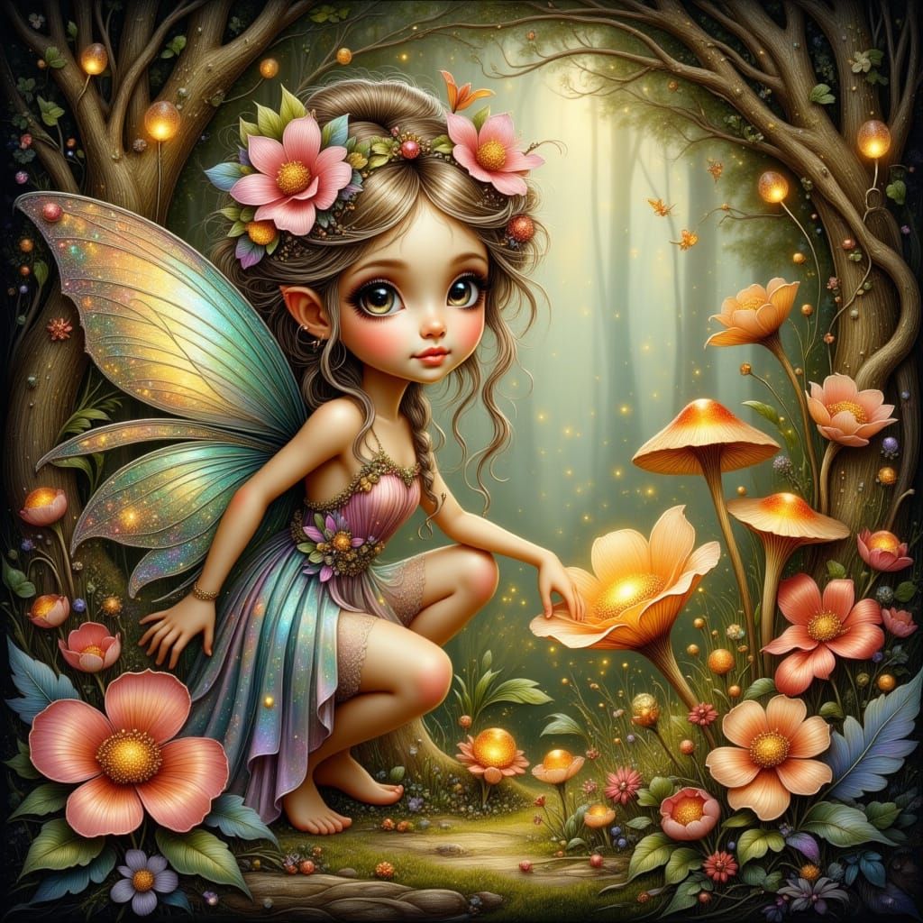 Whimsical Fairy Tending Glowing Mushroom Garden