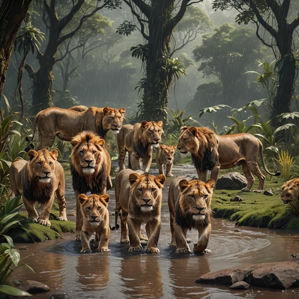Lions and Cubs at Rainforest Watering Hole