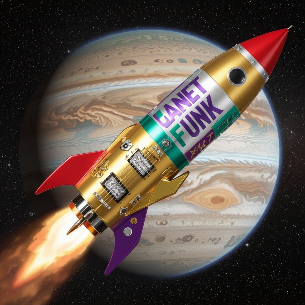 Guitar Spaceship Flies Past Jupiter