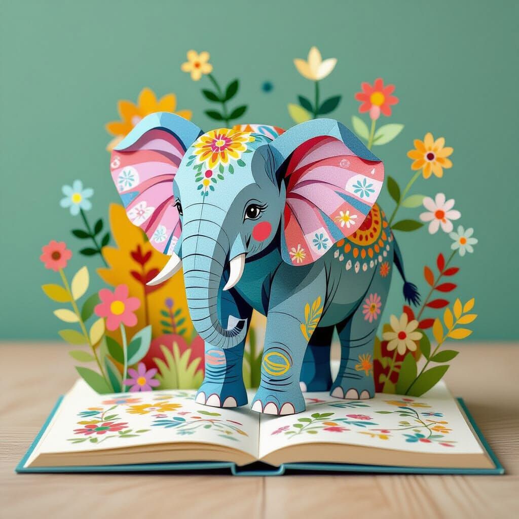 Vibrant Elephant Emerges from Pop-Up Book