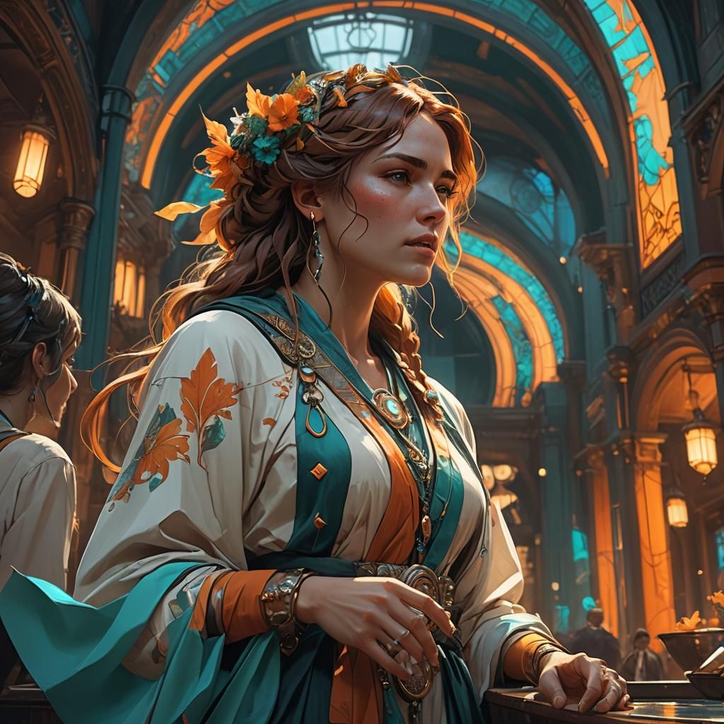 Young Woman Speaking to Host in Greg Rutkowski Style