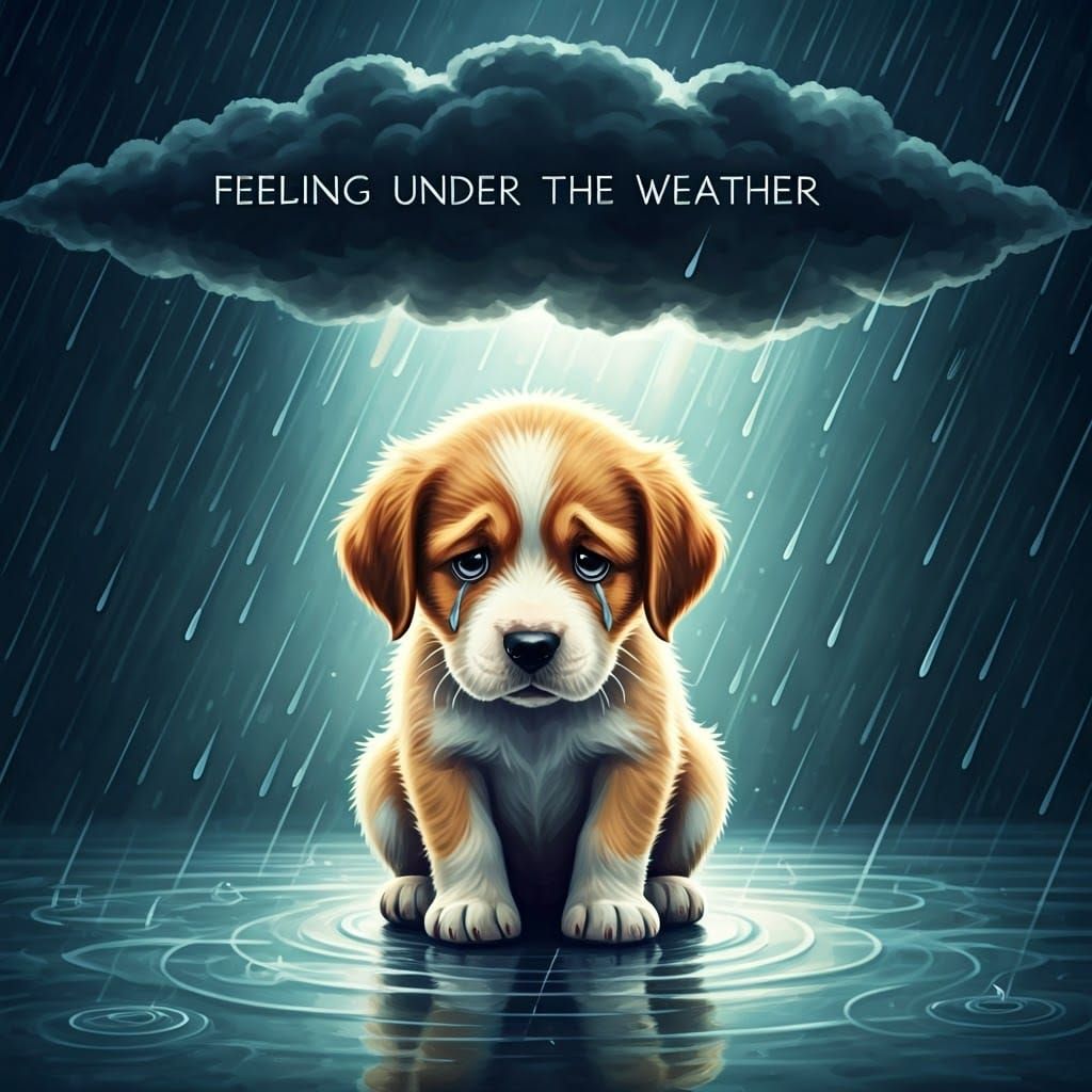 Sad Puppy in Rain: Watercolor Photorealistic Painting