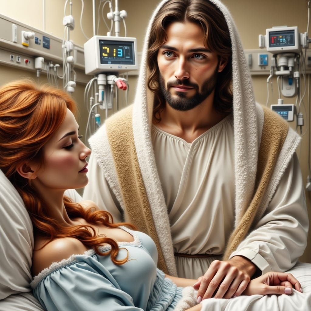 A Compassionate Jesus Christ Beside a Pale Woman in a Hospit...