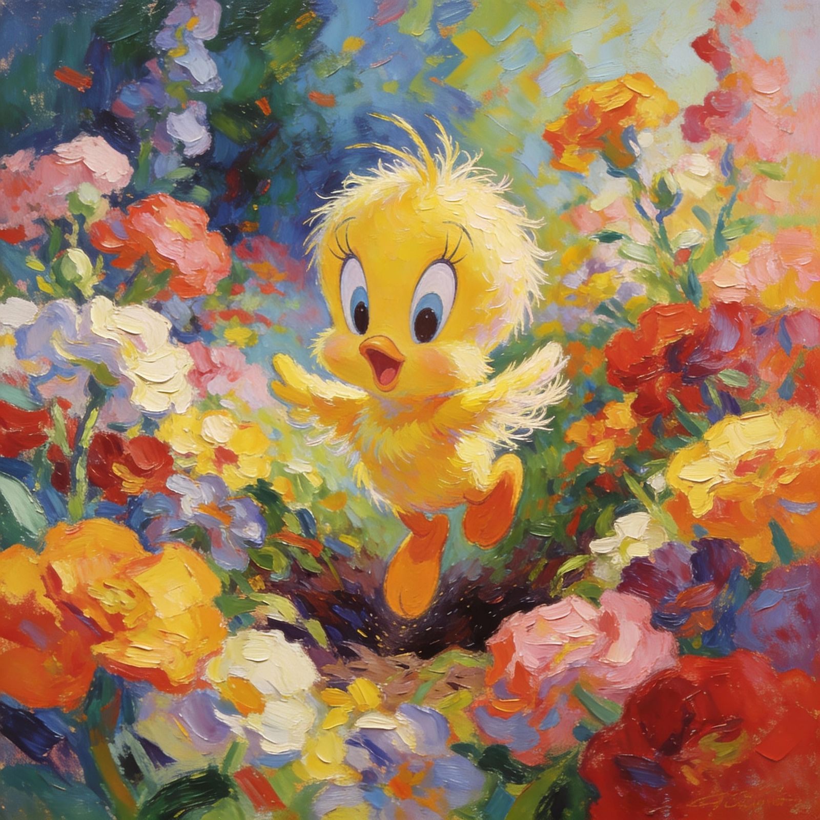 Surprised Tweety Bird Emerges from Flower Patch in Oil Paint...