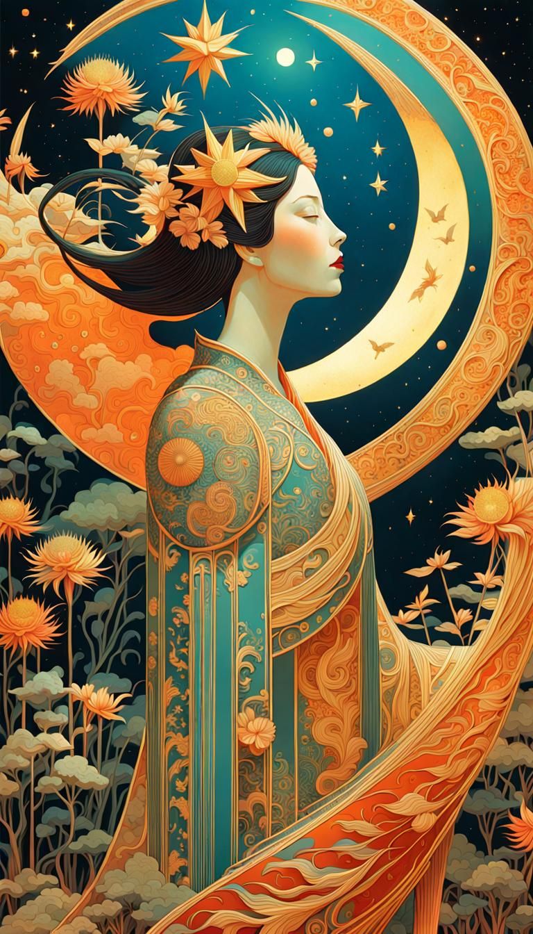 Celestial Woman in Surreal Sun and Moon Star