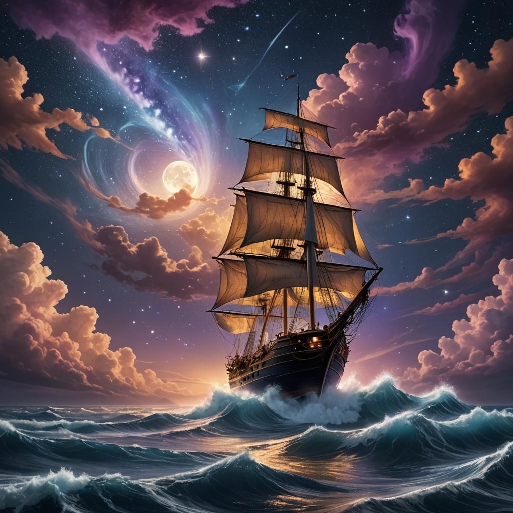 Sailor Rides Moon Wave in Starry Sky