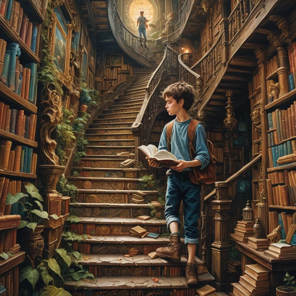 Boy Enters Book in Surreal Maximalist Painting