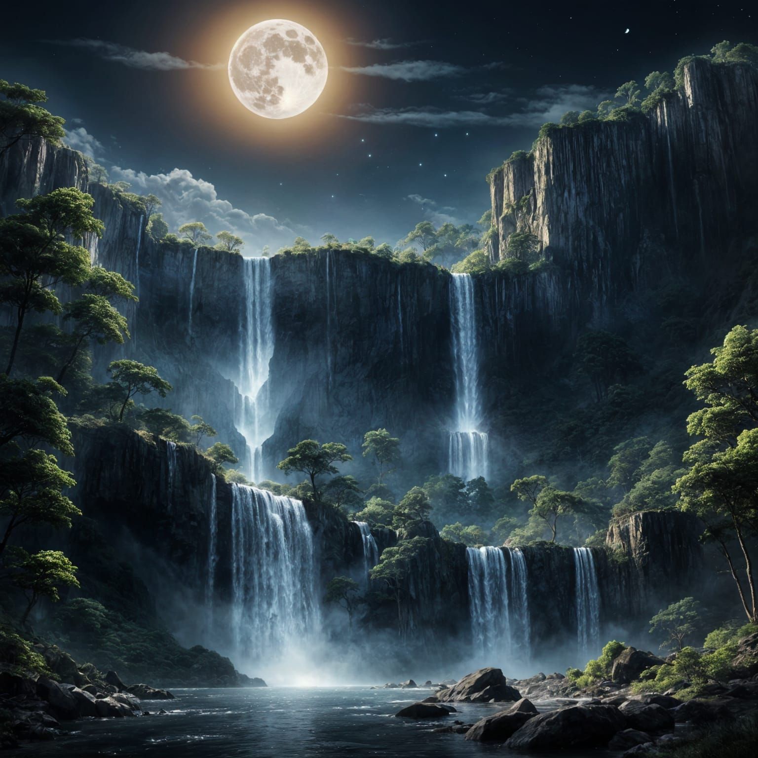 Moonlit Waterfall: Epic Digital Matte Painting