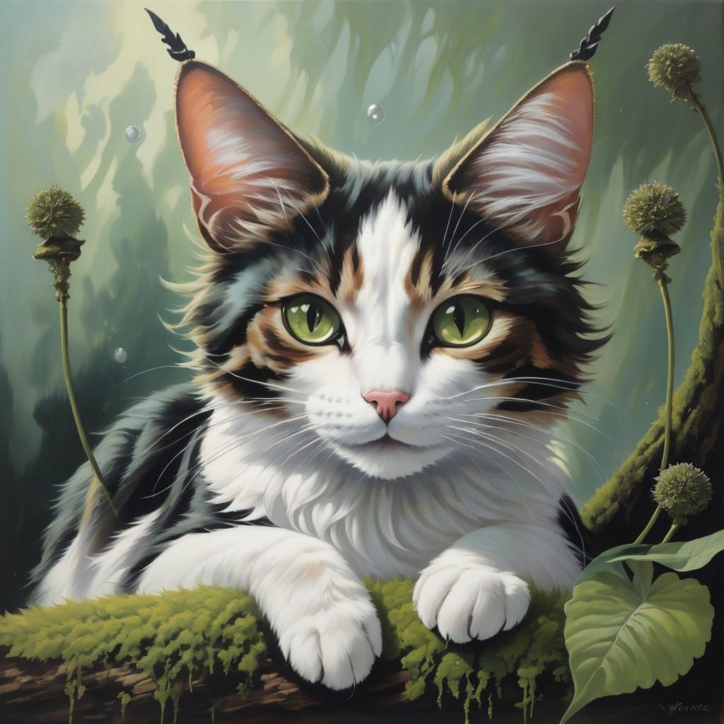 Ethereal Whimsy in Oil: Fae and Feline in Mossy Realm