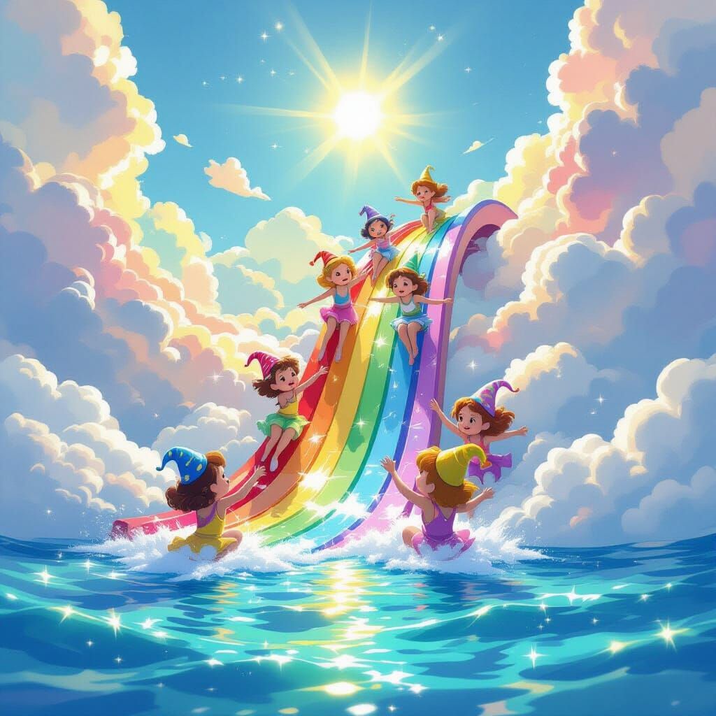 Elves on a Cloud Waterslide in Candyland Style