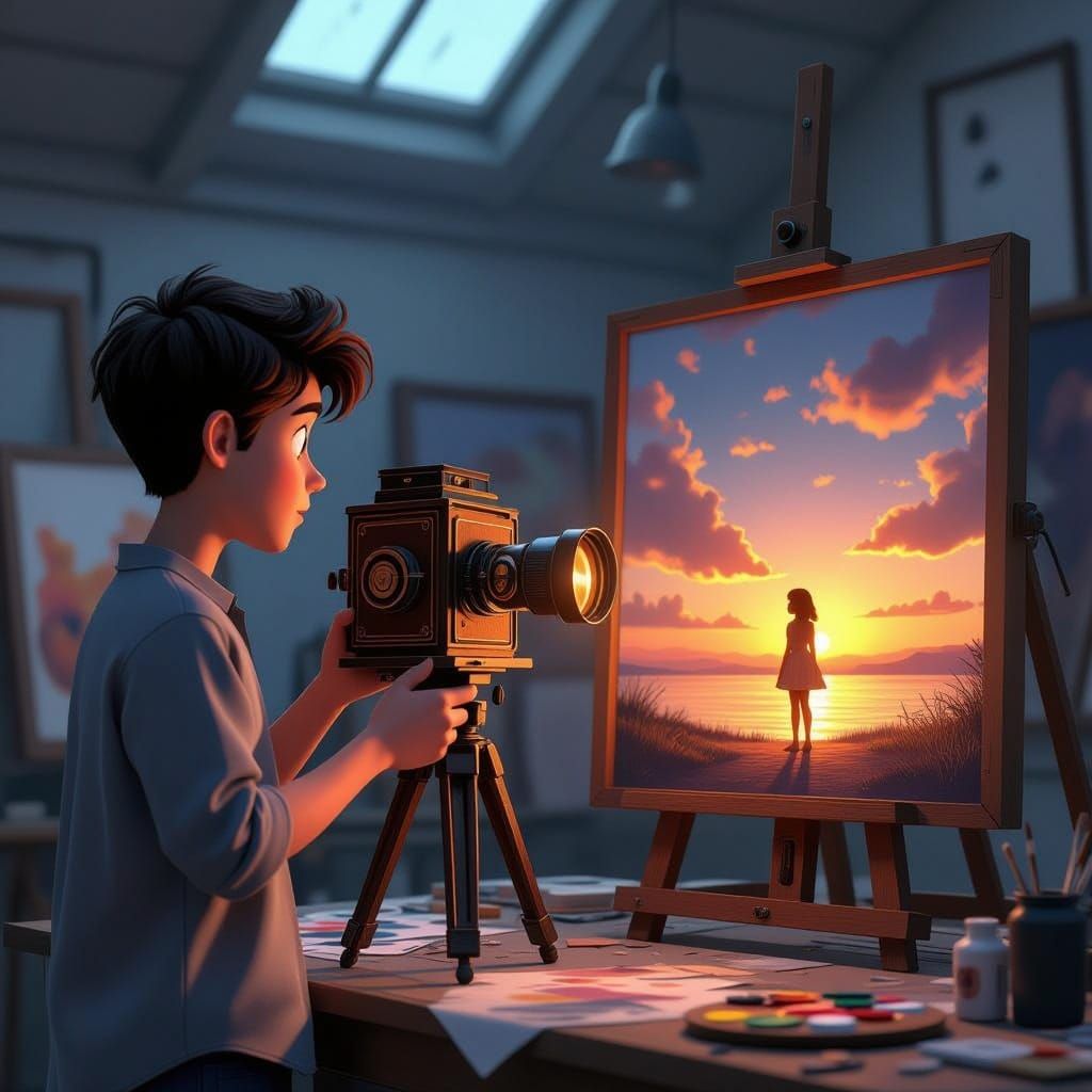 Man Holds Antique Camera in Artist Studio