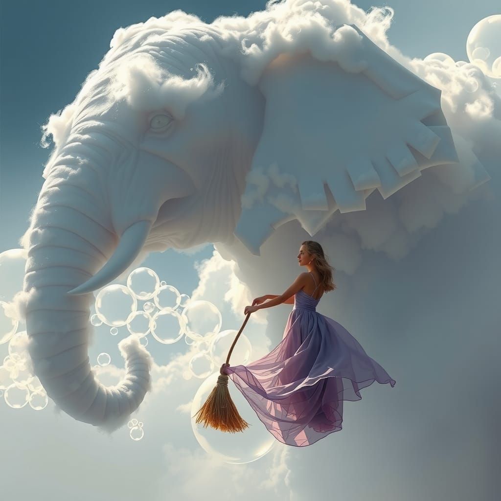 Woman Cleans Elephant Cloud in Hyperrealistic Style