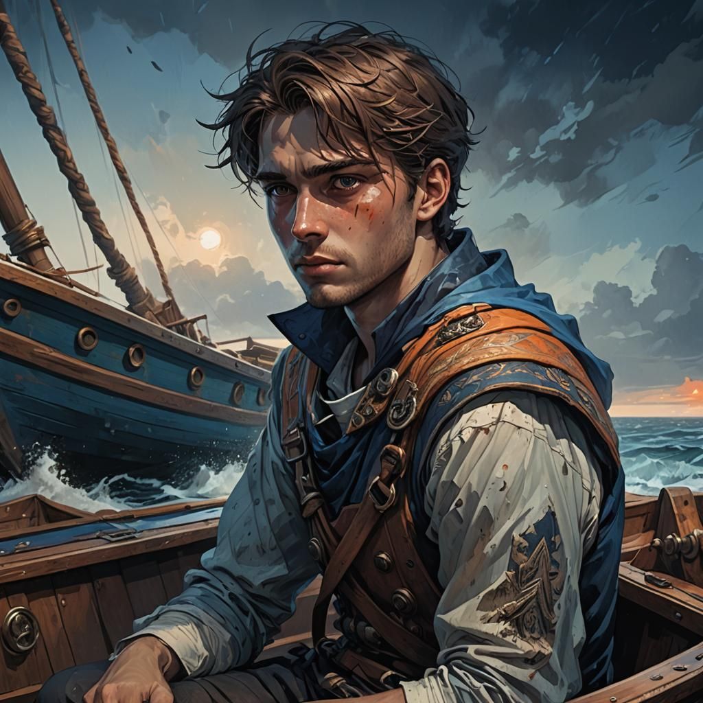 Terrified Sailor in Boat at Night, Dark Fantasy Art