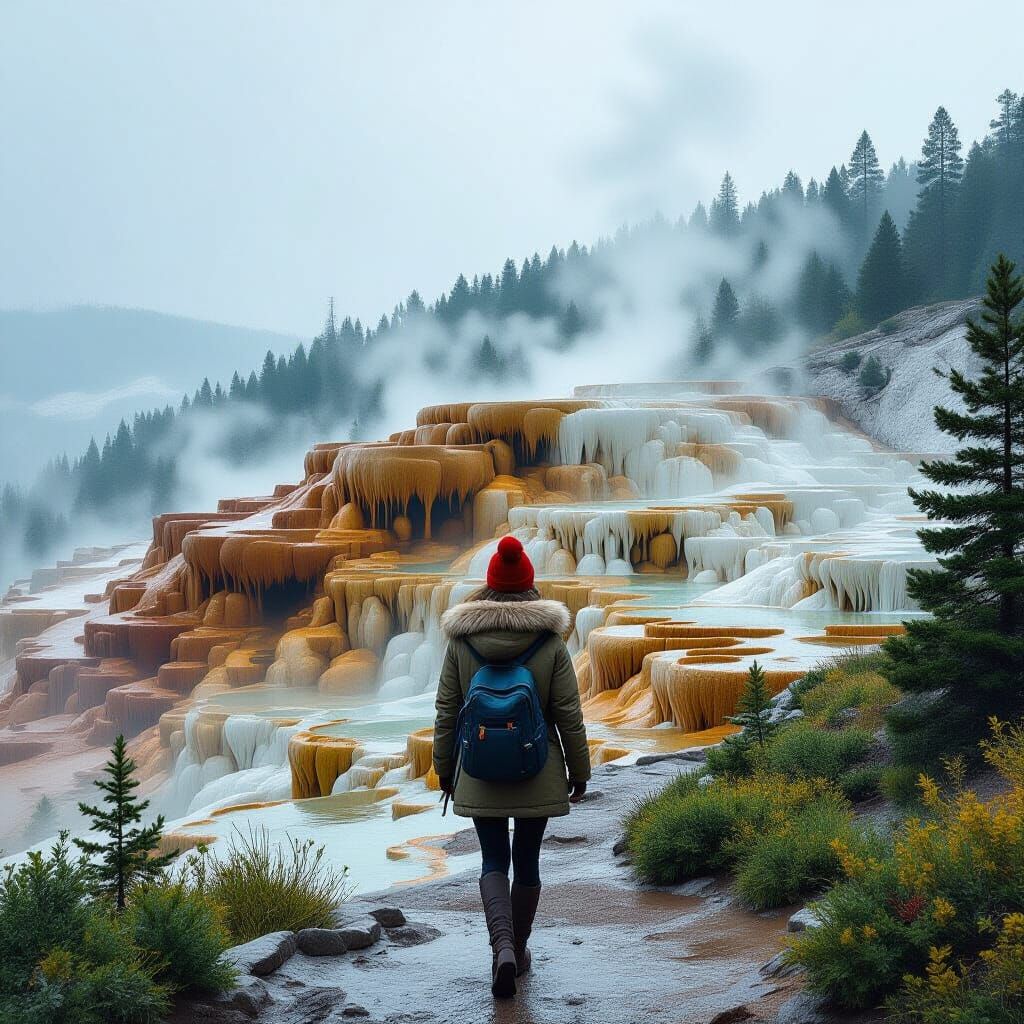 Woman at Mammoth Hot Springs in Sci-Fi Style