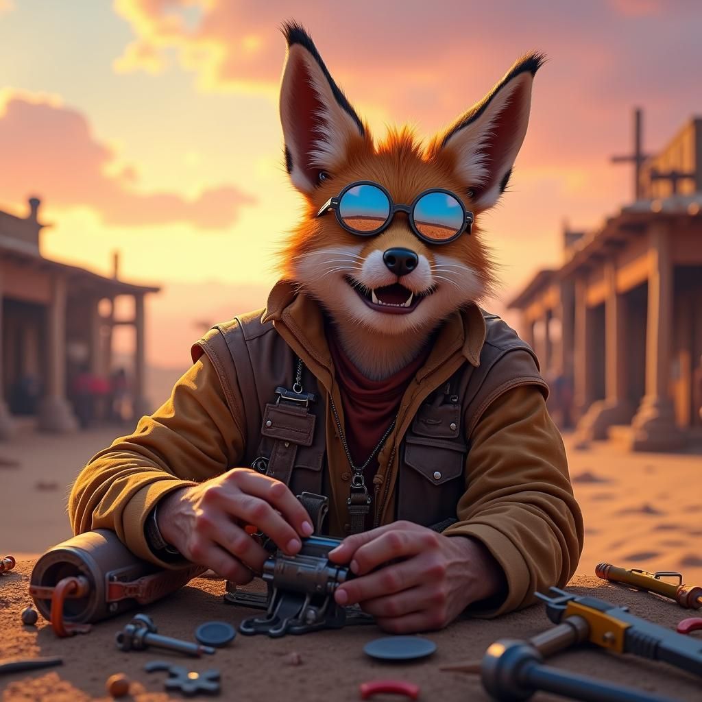 Charismatic Fox-Eared Mechanic in Desert Settlement