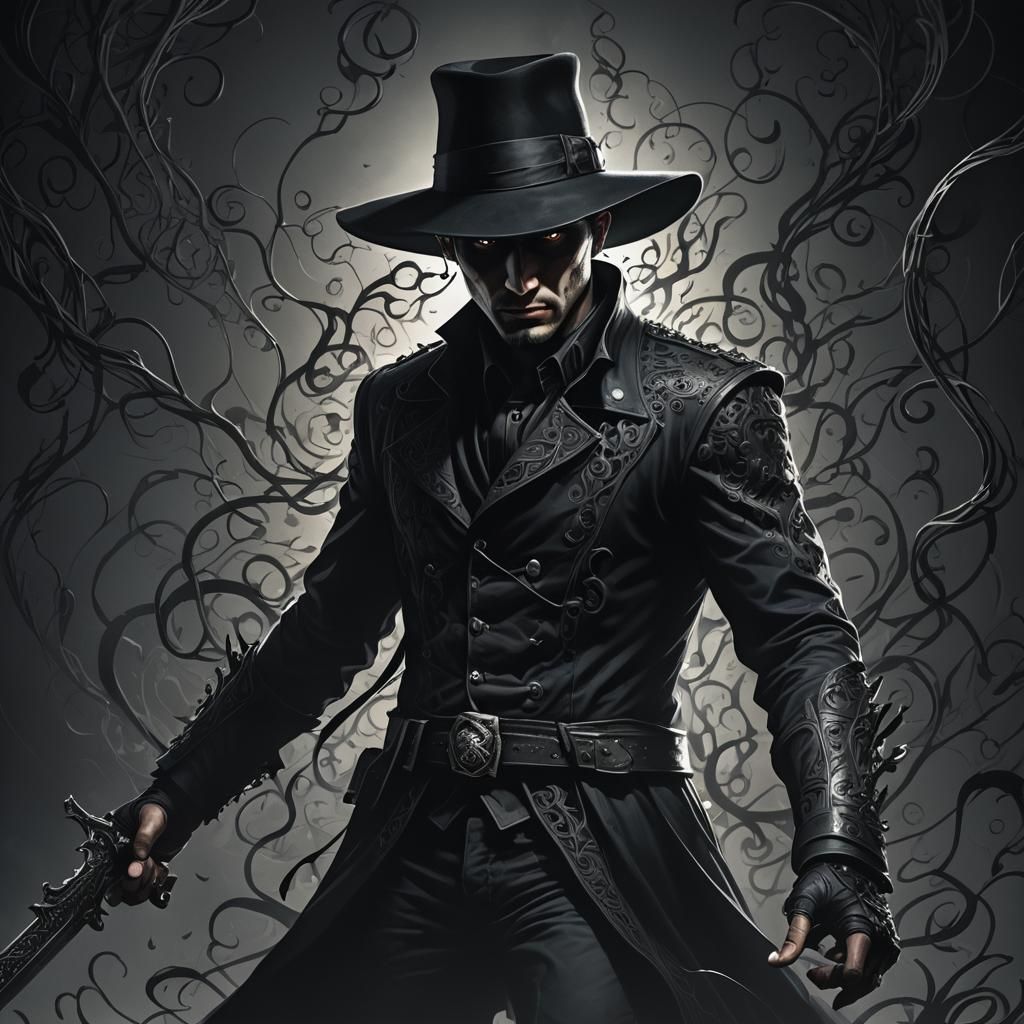 Shadowy Man in Black Hat, Dark Fantasy Illustration